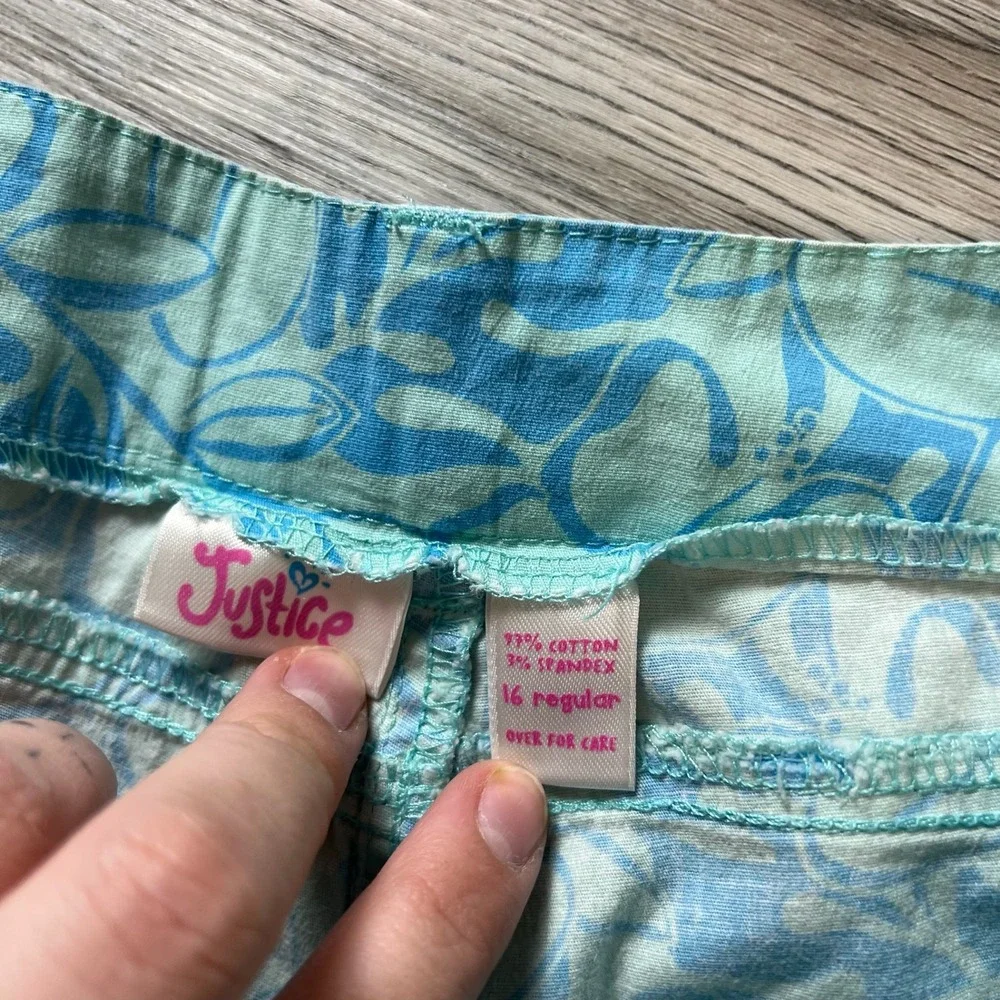 Justice Shorts Girls 16 Regular Blue Floral Tropical Cotton Stretch Casual‎ W10